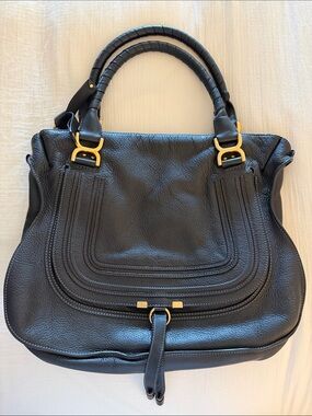 Chloé Marcie Large Black Grained Leather Satchel Shoulder Bag Gold Hardware